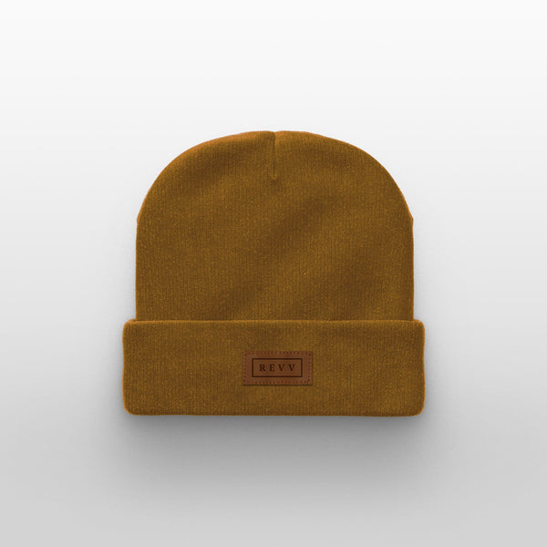Revv Amps Mustard Beanie with brown Tag