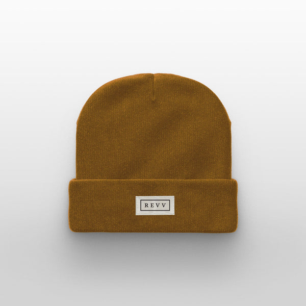 Revv Amps Mustard Beanie with white Tag